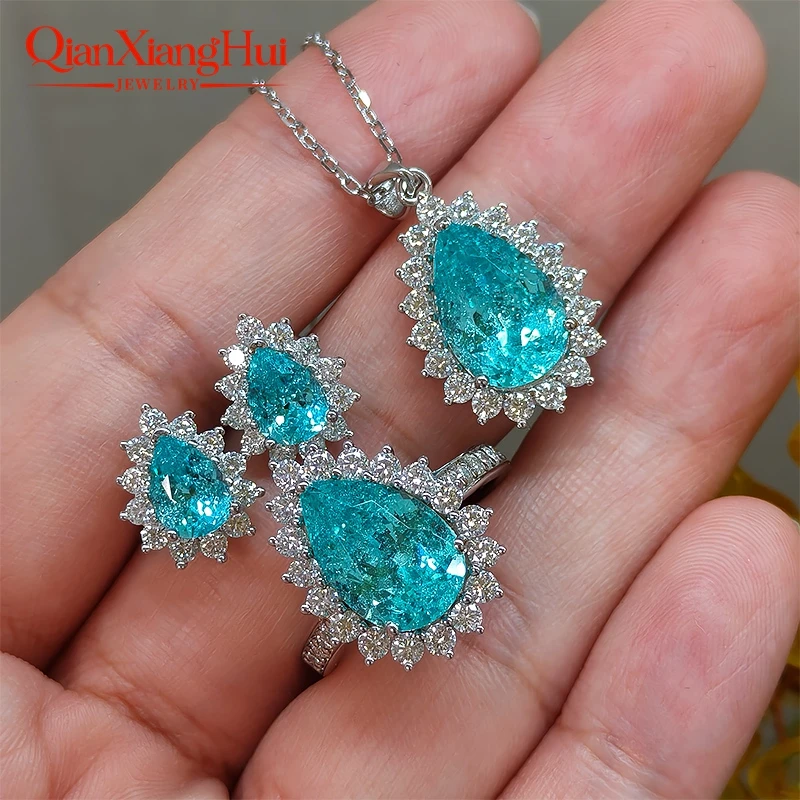 5x7mm Pear Lab Grown YAG Neon Paraiba Blue and Green with Inclusions Halo Moissanite Bezel S925 Silver Earrings Jewelry