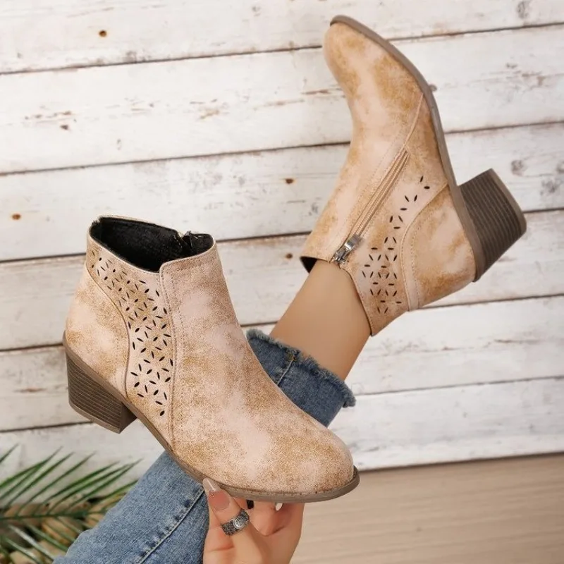 Cutout Breathable Block Heel Women's Shoes Fashion Pointed Toe Side Zipper Non-Slip Booties
