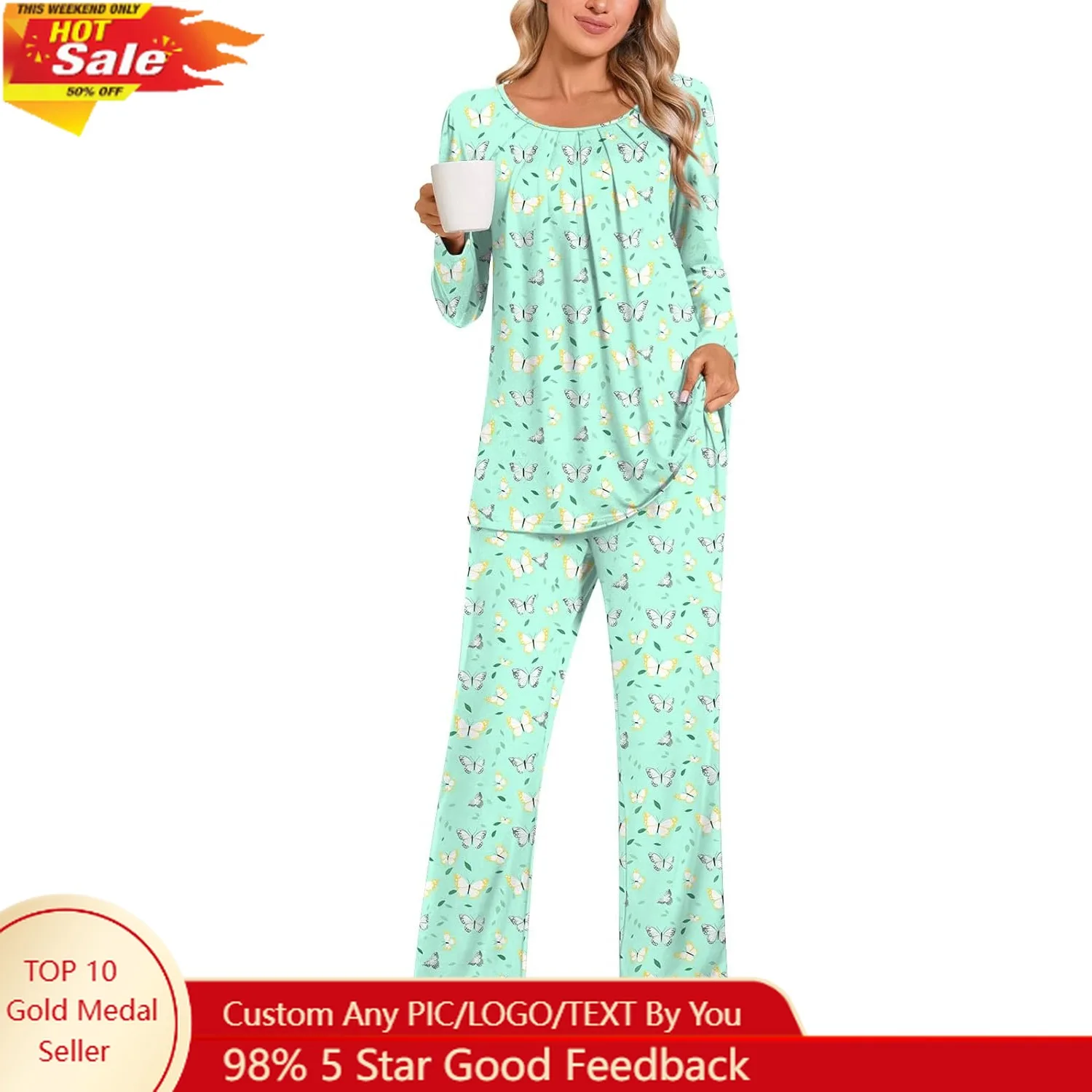 

Anymeet Womens Pajama Set Long Sleeve 2 Piece Winter Ladies Sleepwear Soft PJs Comfy Lounge Sets with Pockets