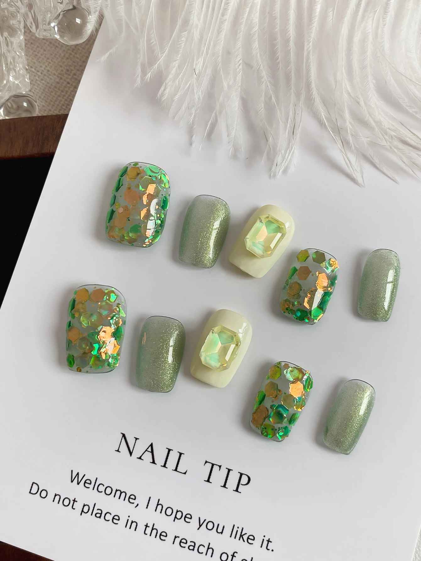 Fresh Green Press On Nails, Short Square Handcrafted False Nails, Gold Foil Flakes & Large Rhinestone, Summer Trendy Nail Tips