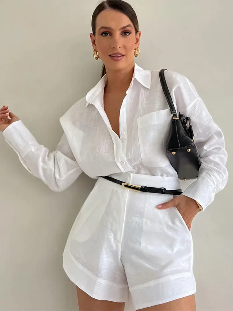 Fashion Button Pockets Short Pant Women\'s Sets Elegant Lapel Long Sleeves 2 Pieces Outfit 2024 Vacation New In Matching Sets