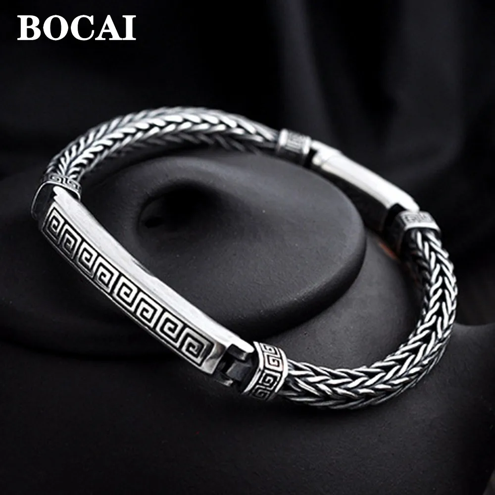 

BOCAI New Real S925 Pure Silver Revolve Pattern Hand-Woven 5MM Bracelet Good Luck Stylish Thai Bracelet for Men and Women