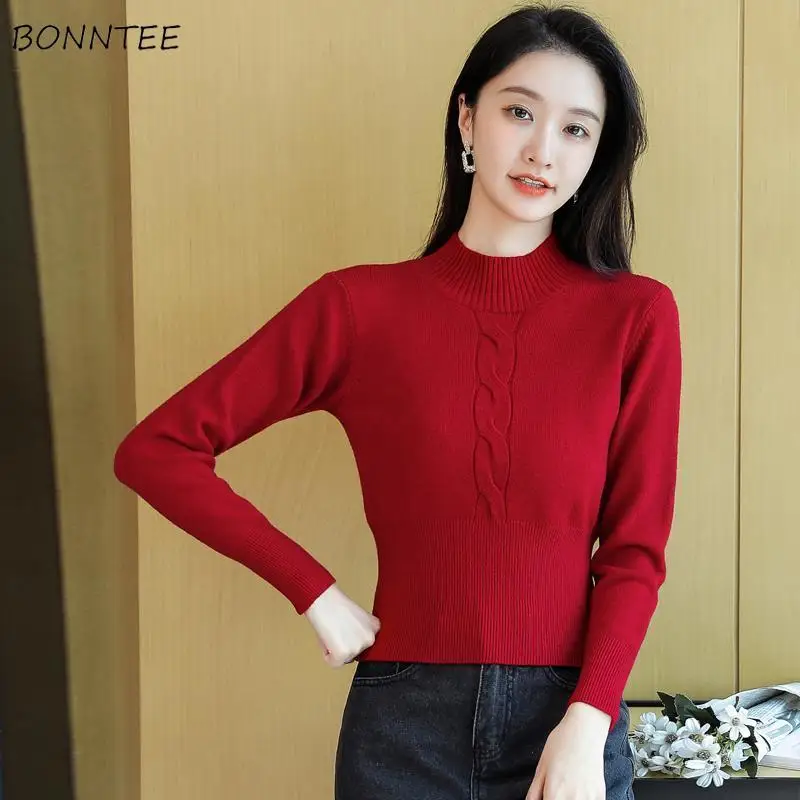 Cropped Sweaters Pullovers for Women Slim Autumn Elegant Temper Female Half High Collar Knitwear Solid 6 Colors Breathable Inner