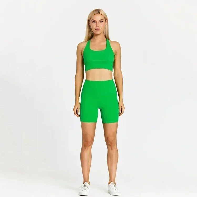 Lemon Women Pockets Yoga Shorts Set Women Fitness Suit 2 Piece Sports Gym Wear Workout Clothes Running Sportswear Sport Outfit