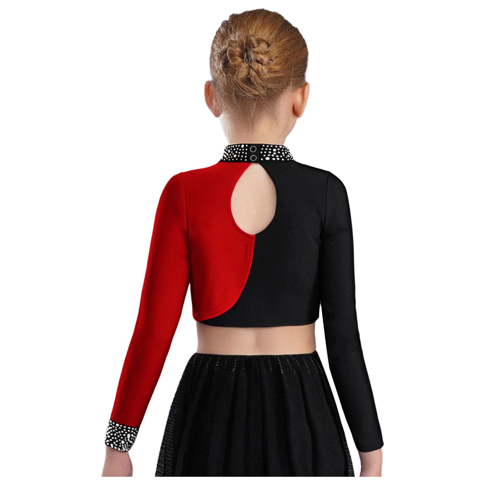 Girls Modern Lyrical Dance Crop Top Figure Skating Dance Mock Neck Long Sleeve Keyhole Back Color Block Sparkly Rhinestones Top