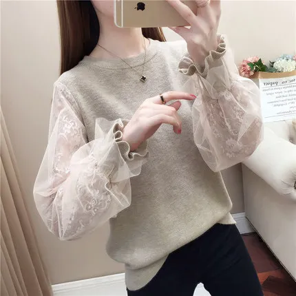 

Fashionable Loose Women's Sweater Lace Sleeve Low Collar Base Layer Autumn Wear Outerwear New Arrival Cotton Long Sleeve