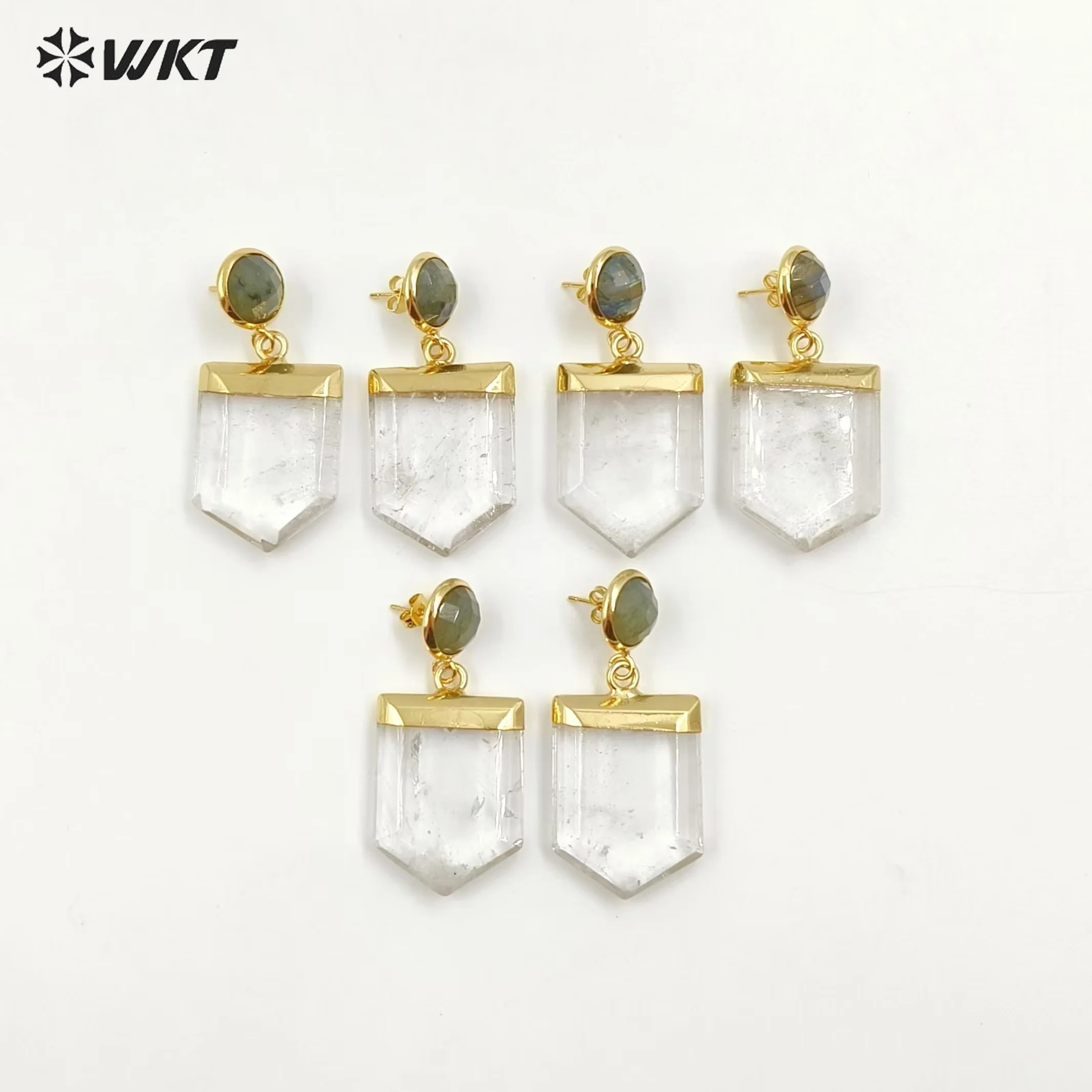 

WT-E267 Unique Quartz Point Doule Stone Dangle Earrings Natural point quartz stone hexagon labradorite Fashion dangle earrings