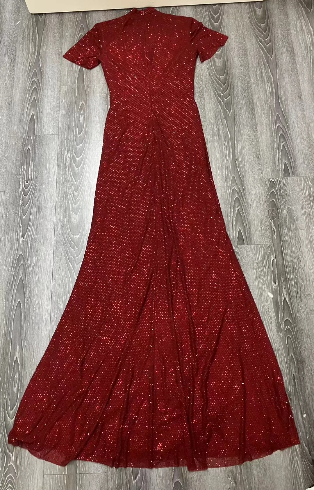 Women red rhinestone maxi dress short sleeve slim fashion party long dress