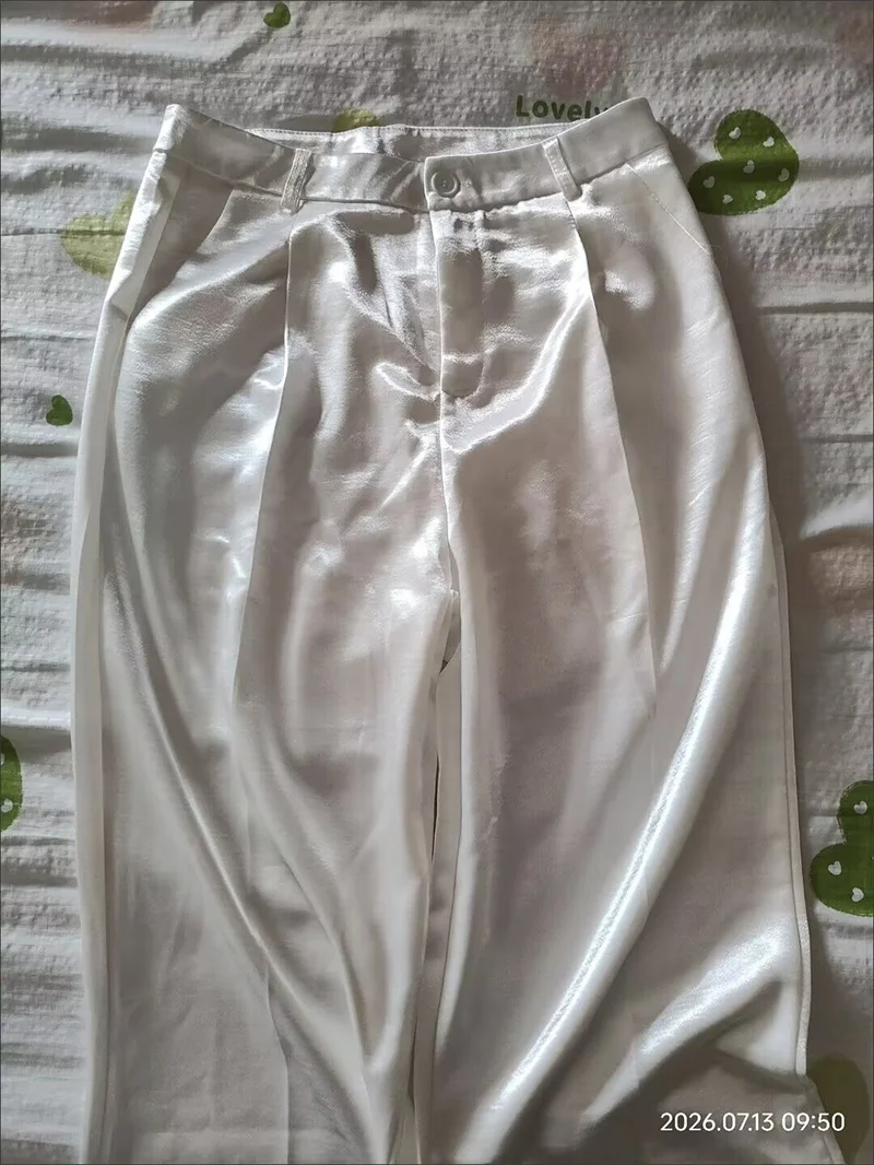 Women Solid Color Acetate Satin Wide Leg Pantalons Korean Lady Fashion Casual Trousers Summer Femme High Waist Straight Leg Pant