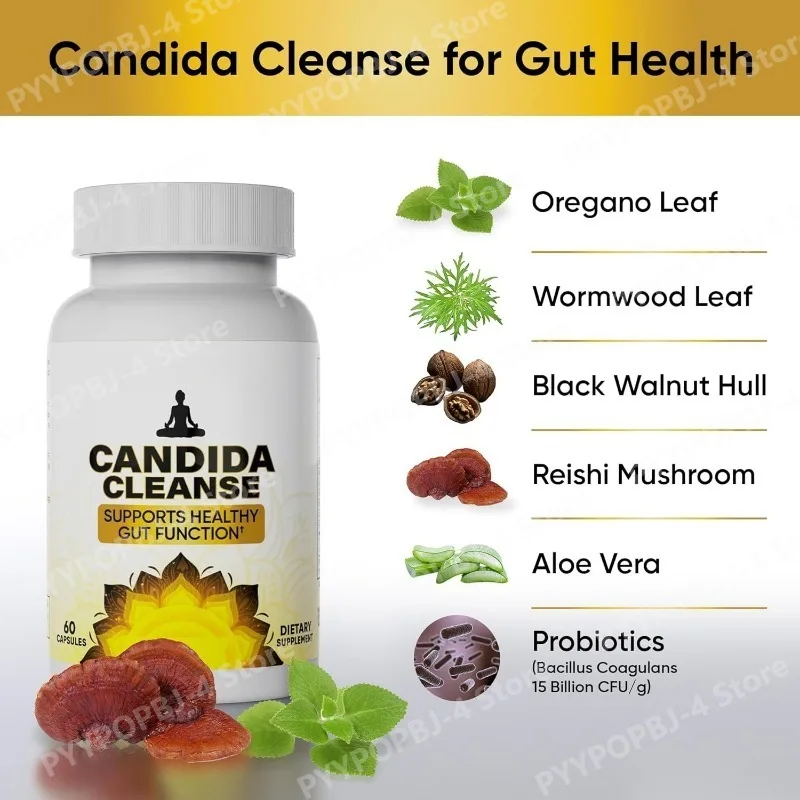 

Candida Cleanse Gut & Colon Support Natural Herbs for Intestinal Detox Oregano Leaf, Wormwood Black Walnut 60 Capsules