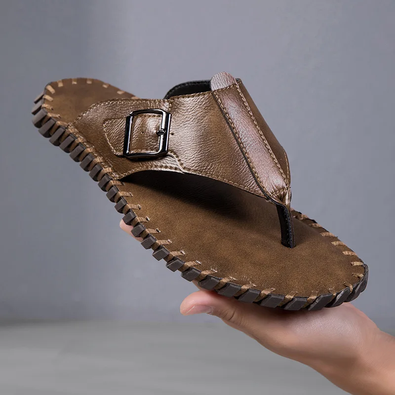 Men's Summer Outdoor Non-Slip Casual Back-Strap Versatile Breathable Leather Slippers for Middle-Aged Men
