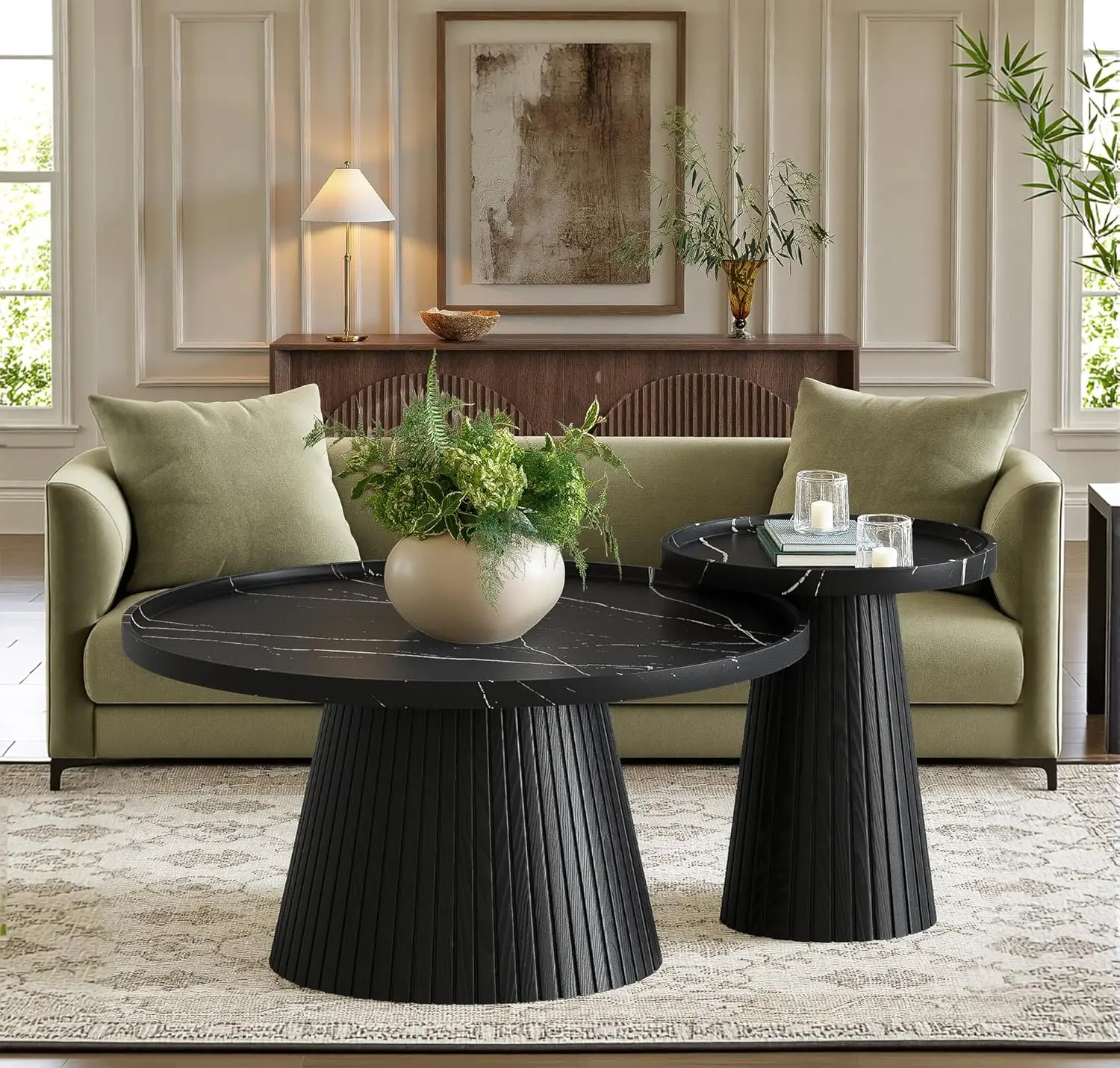 

Nesting Coffee Table Set Of 2, Modern With Marble Veneer, Fluted Round Tea And End Set