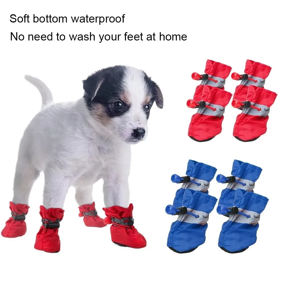 4Pcs Anti-Slip Pet Dog Shoes Anti-Scratch Waterproof Anti-slip Rain Boots Does Not Fall Off Adjustable Drawstring Dog Boots