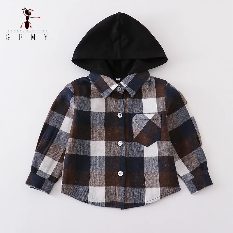 2023 Autumn New Infant And Toddler Hooded Checkered Shirt Child Kid's Plaid Shirt With Hood Square Grid Coat Boys' Casual Tops