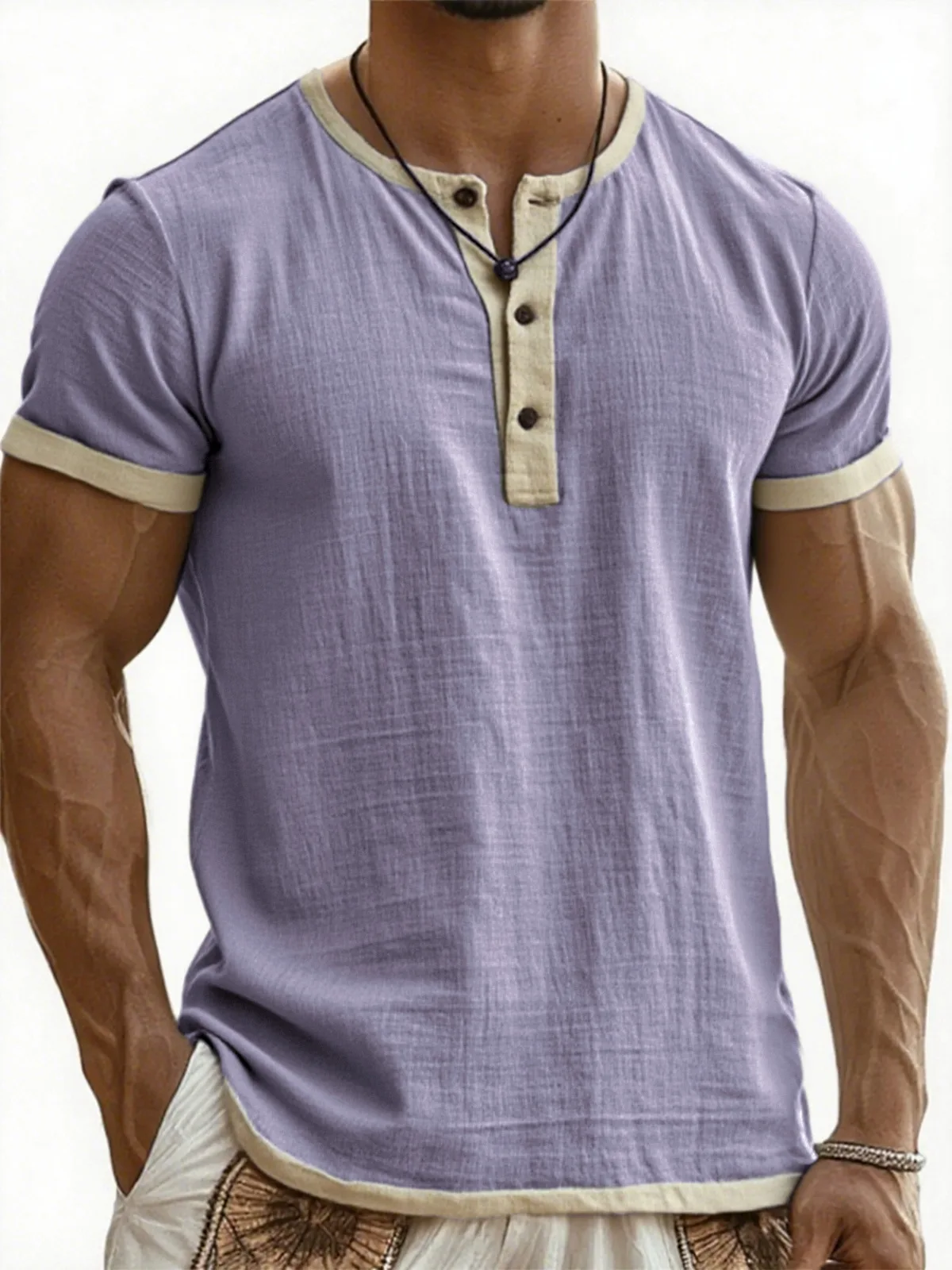 Summer New Men's Cotton Linen Shirt Casual Contrast Trim Short Sleeve Top Breathable Comfort Slim Fit Sports Casual Shirt