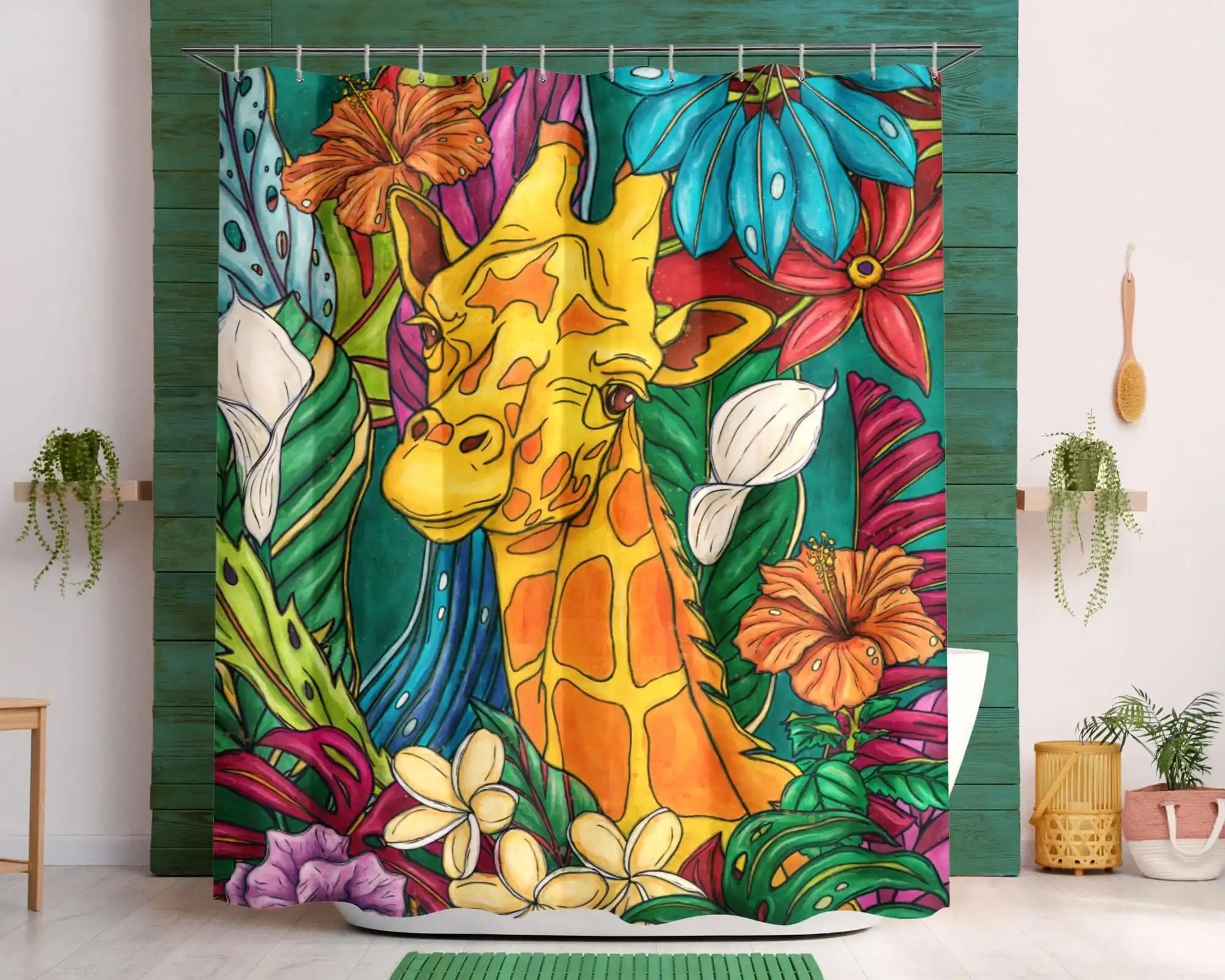 Vibrant Jungle Safari Giraffe Tropical Rainforest Shower Curtain Bathroom Decor Waterproof Print