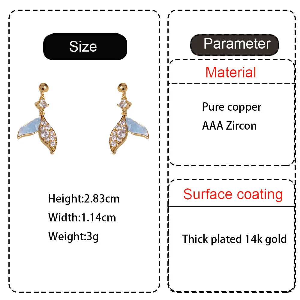 Japanese and Korean Versatile Blue Zircon Fish Tail Drop Earrings For Women Party Cute Bohemia Elegant Light luxury Jewelry