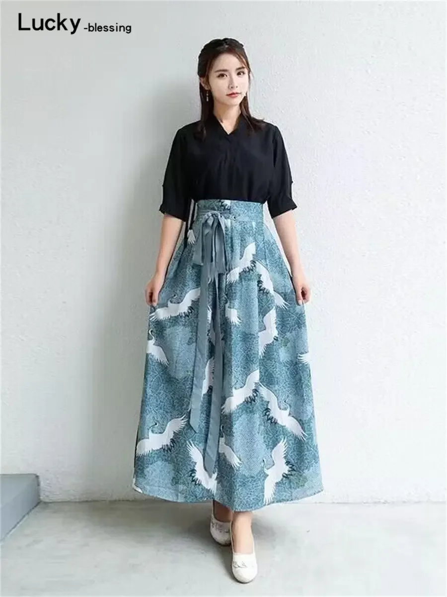 Retro Japanese Style Crane Print Dress Vintage Hanfu Long Kimono Girls Skirt Top Kawaii Party Ancient Oriental Women Cosplay New