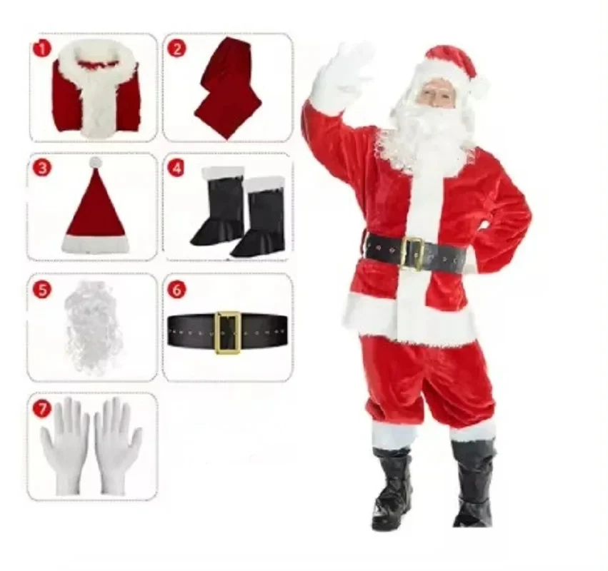 

Santa Claus Adult Full Set 7-Piece Set Includes (Top, Pants, Boots, Belt, Gloves, Beard, Hat)