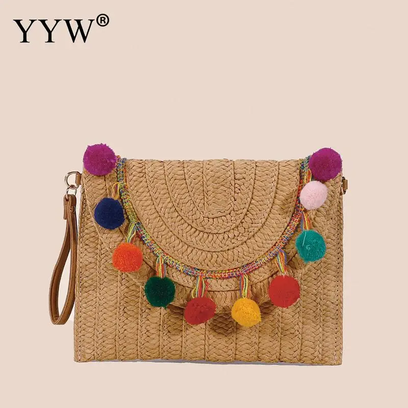 Eco-friendly Wheat Straw Clutch Handbag Summer Beach Women Hand Woven Envelope Purse Wallet with Strap Ladies Portable Soft Tote