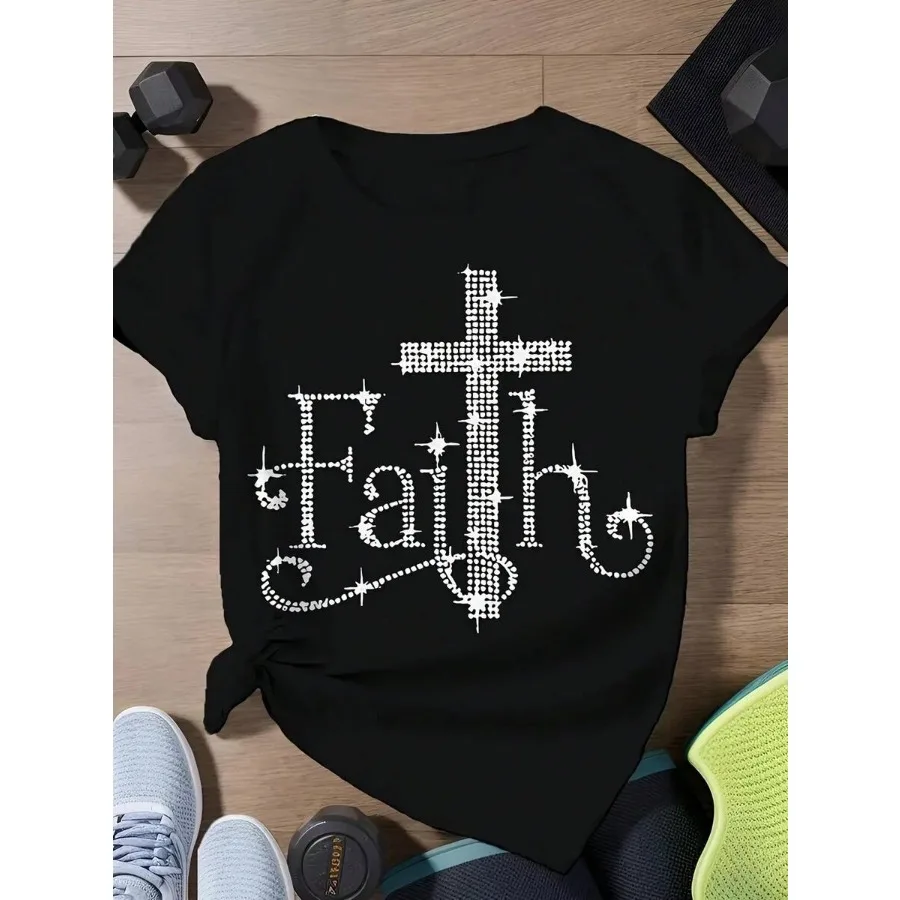 

【New style】Women Casual Faith Print T-Shirt Soft Round Neck Short Sleeve Black With White Graphic Design All-Season Comfort Fi