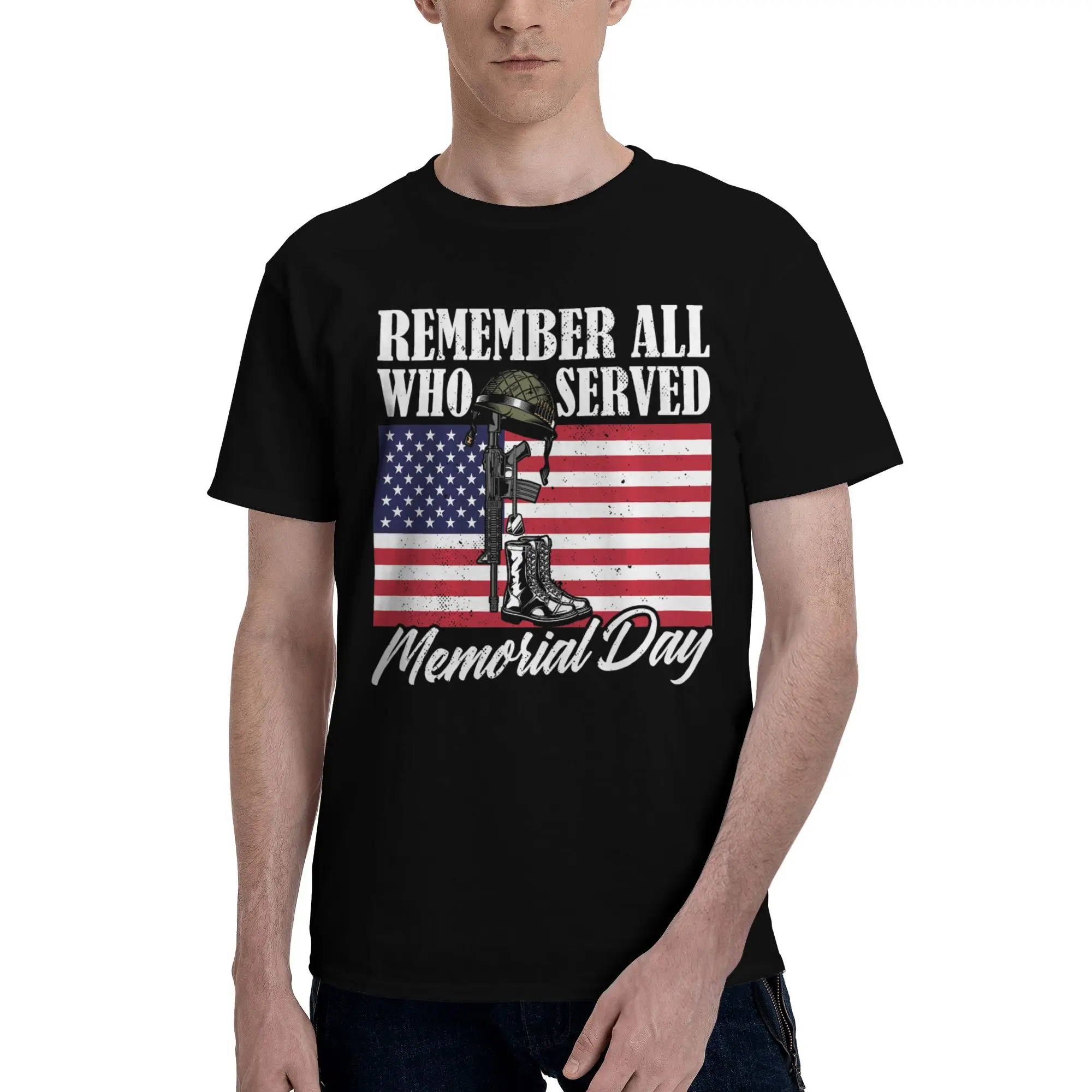 Remember All who Served  Novelty Graphic 100% Cotton T-Shirt Memorial Day Tees Tops For Men