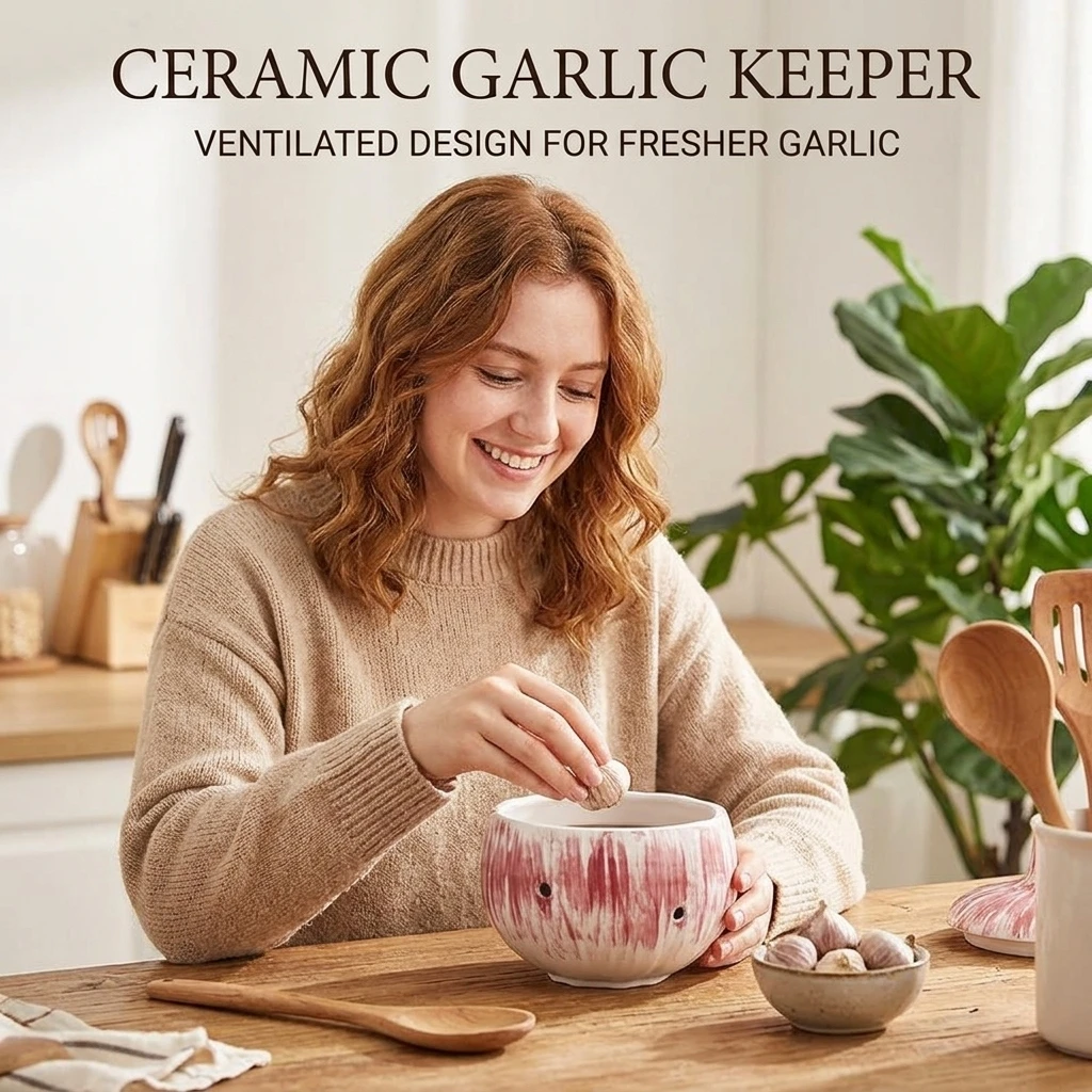 Ceramic Keeper Ventilated Garlic Storage Jar for Kitchen Countertop Moisture Resistant Food Container Ginger Chili Pot