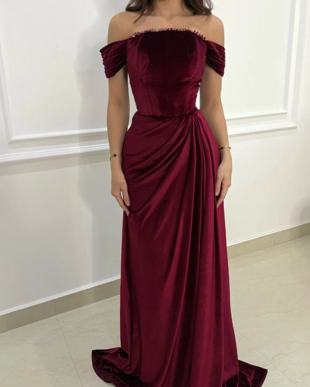 Customized Burgundy Velour Pleat Ruched Draped Rhinestone A-line Off-the-shoulder Long Dresses Evening Dresses Sizes Available