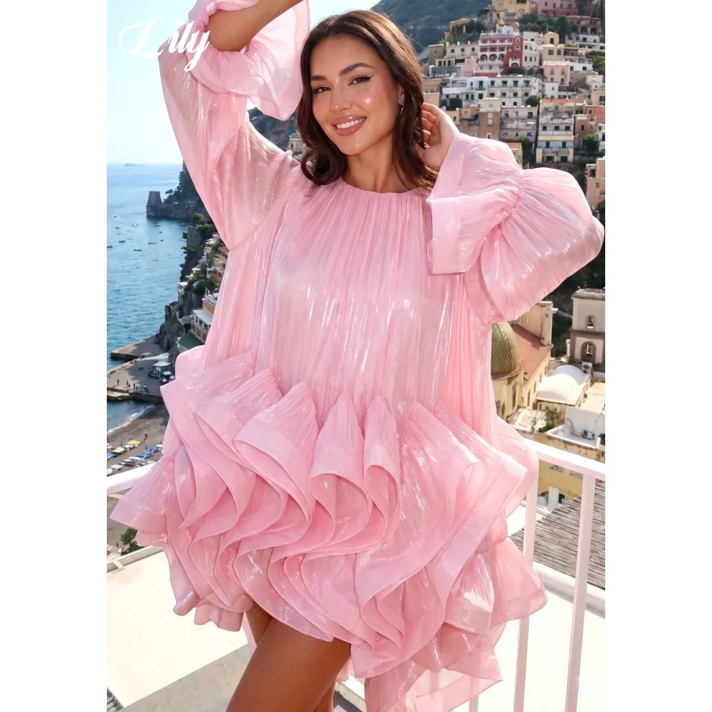 Lily Pink Shimmer Prom Dress Long Sleeve Ruffle Evening Dress Loose Fit Short Party Dress Chic & Unconventional Gown Customized image 5