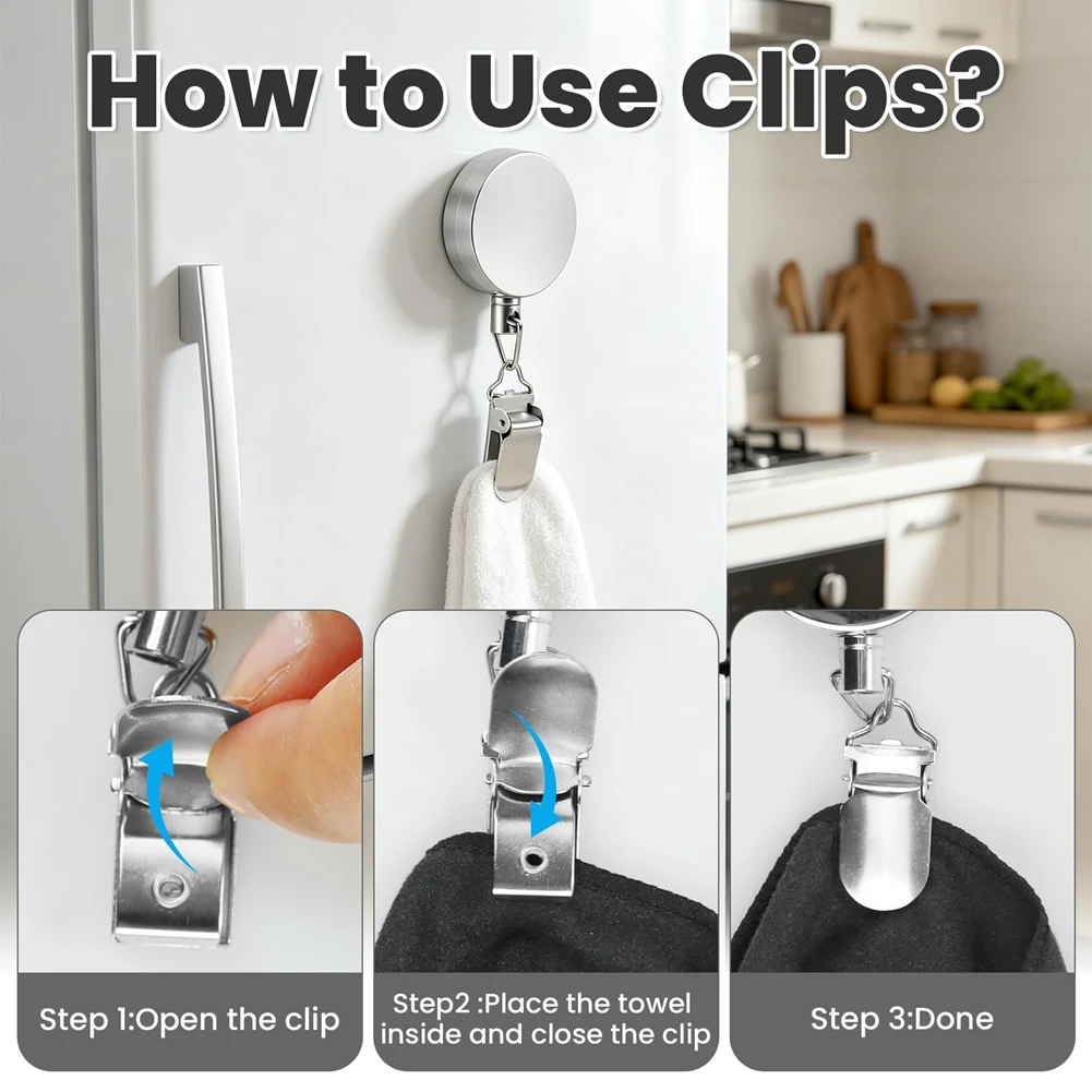Home Tool 2 Pack Retractable Kitchen Towel Clip Holder, Wall Mounted Kitchen Towel Hook, Steel Cable Auto Rewind for Bathroom
