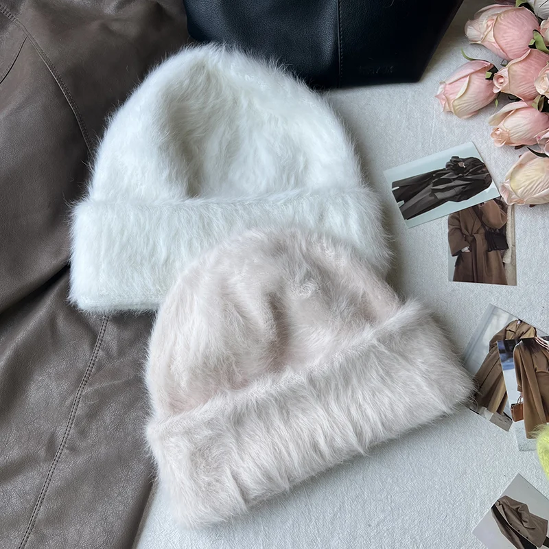 2023 neue Mode Kaninchen Fell Y2k Mützen für Frauen Weiche Warme Flauschigen Angola Winter Hut Weibliche Winddicht Motorhaube Hut Skullies Kappe – Detail 24