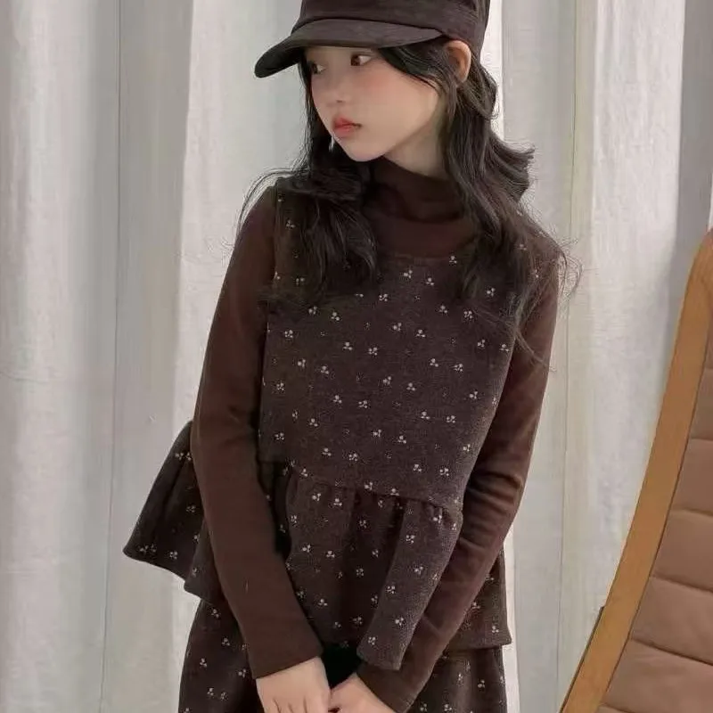 Girls Sets Floral Wool‑Blend Vest 3‑Piece Outfit Vest + Long‑Sleeve Undershirt + Pants Set 2026 Autumn Winter New Kids Suit