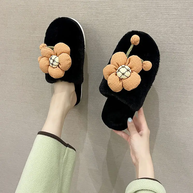 

Women's Plush Fuzzy Slippers 2025 Autumn Winter Korean Version Sweet Floral 3D Soft Bottom Cotton Home Indoor Slippers