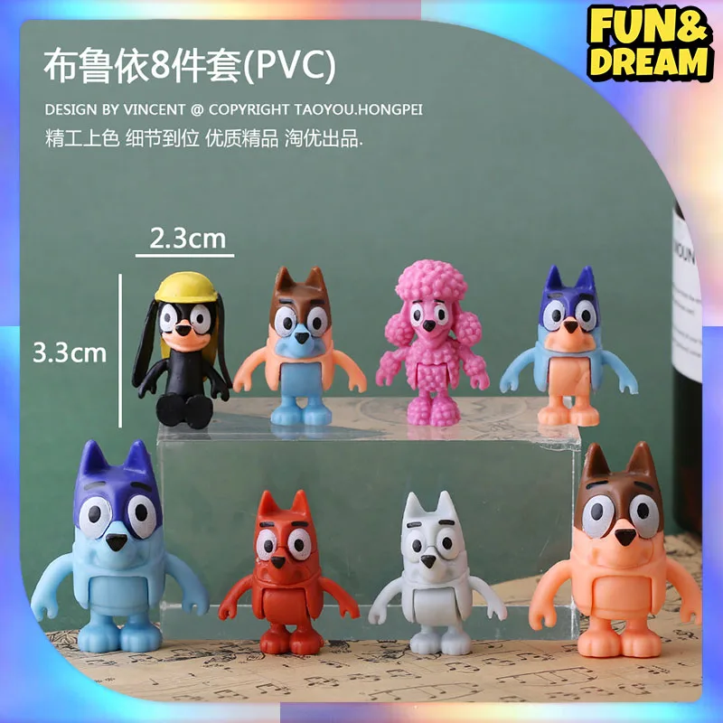 Bluey Model Figures Puppies Bingo Joints Movable Ornaments Children\'S Playhouse Dolls Toys Car Decorations 8-Piece Set