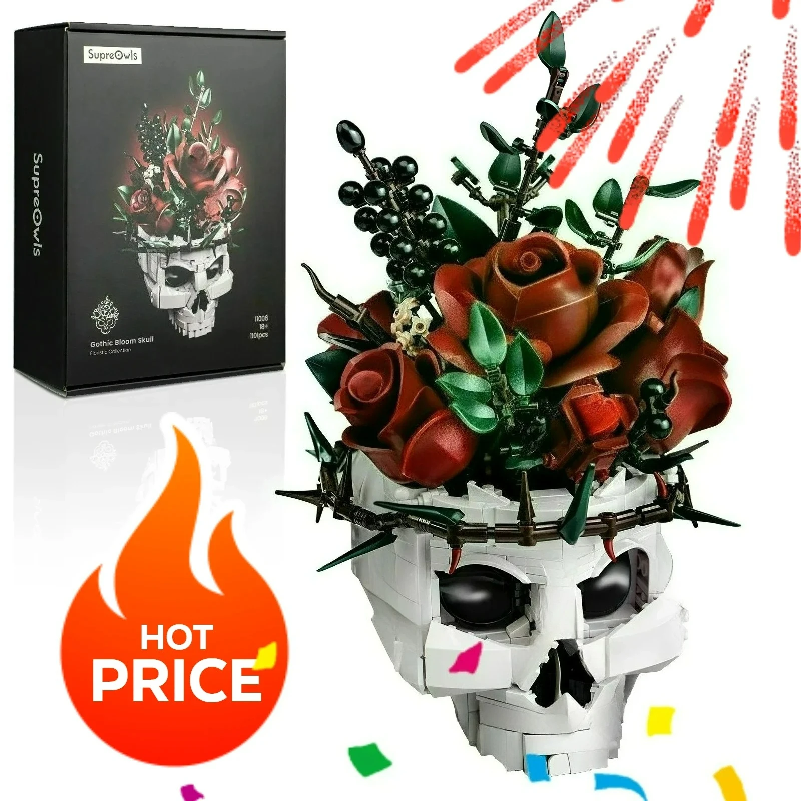 

Хэллоуин Череп Розы Букет Строительный Набор Скелет Цветы Растение Горшок Блоки Ужас Готический Домашний Декор Кирпичи Игрушки для Взрослых Подарок
