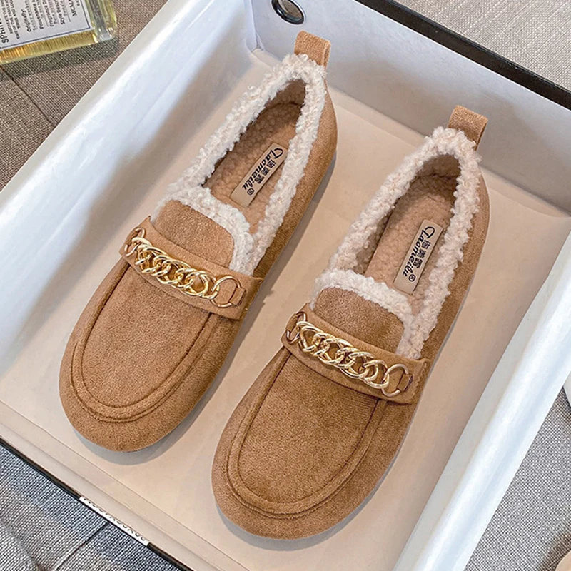 عادية امبسوول المتسكعون النساء الشقق سلاسل أحذية الشتاء فروي أحذية السيدات مبطن القطن Mocasines الدافئة الانزلاق على الأغنام فراء الأحذية #2