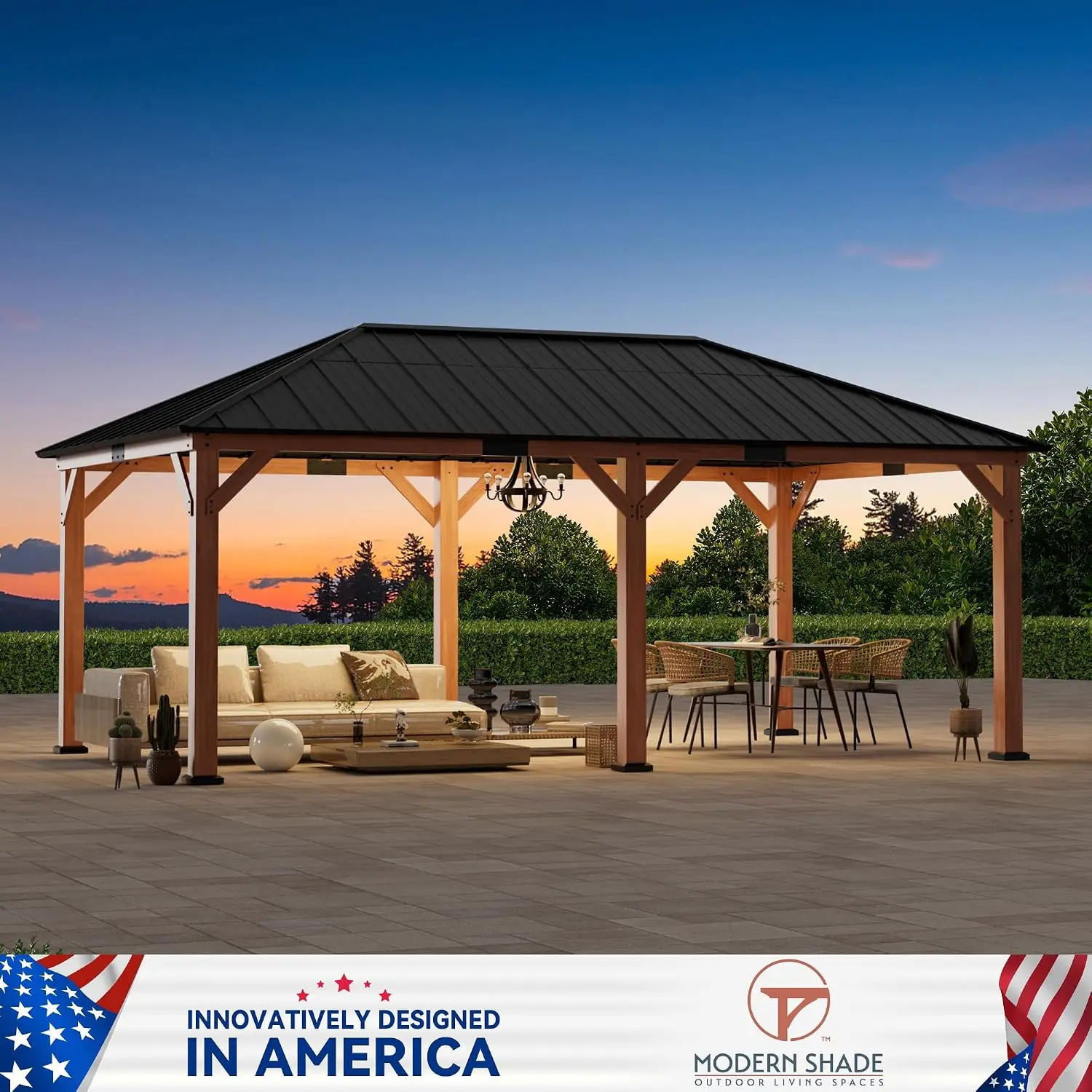 Permanent Wood Gazebo 12x20 with Galvanized Steel Roof & Modern Shade, Customized