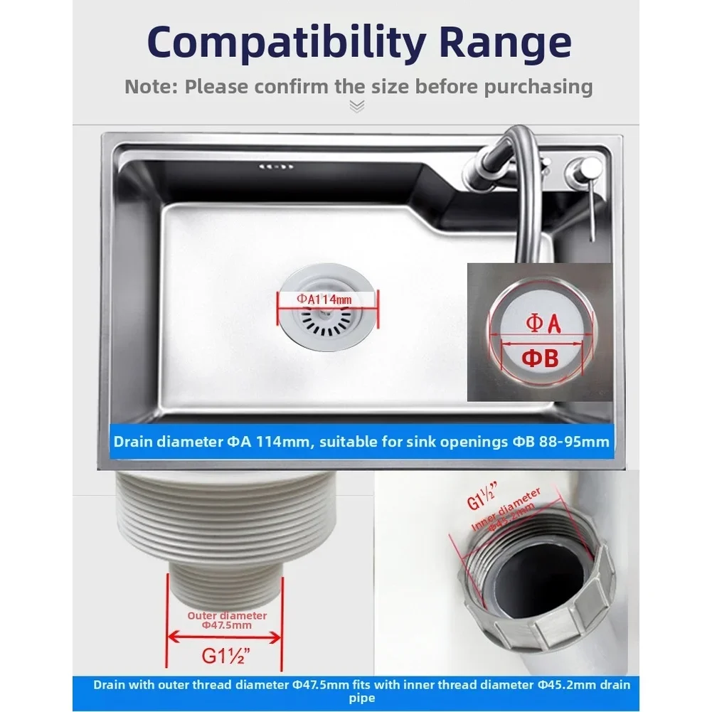 114mm Sink Drain Basket Strainer with Double Sealing Rings and 18 Vent Holes for 88 95mm Hole Kitchen Installation
