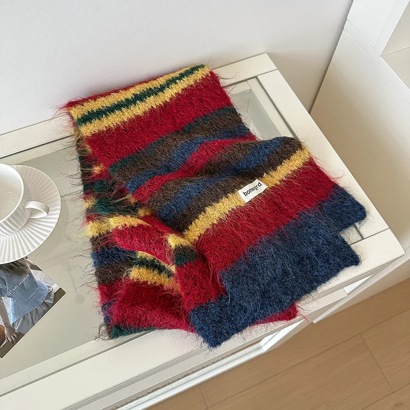 

Multicolored striped knitted scarf with wool, women's winter soft cozy couple-style thick warm wool neck warmer