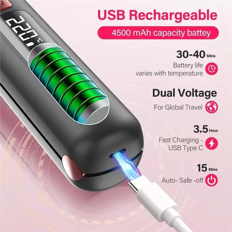 B02C-Cordless Hair Straightener And Curler 2 In 1, USB Rechargeable 10S Fast Heating 4500Mah Battery Included Black