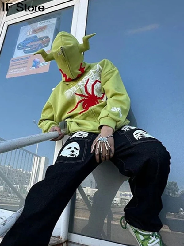 

Y2K Толстовка на молнии Harajuku Хип-хоп Графика Вышитые Дьявольские Рога Толстовка Мужская Женская Новая Готическая Куртка Пальто
