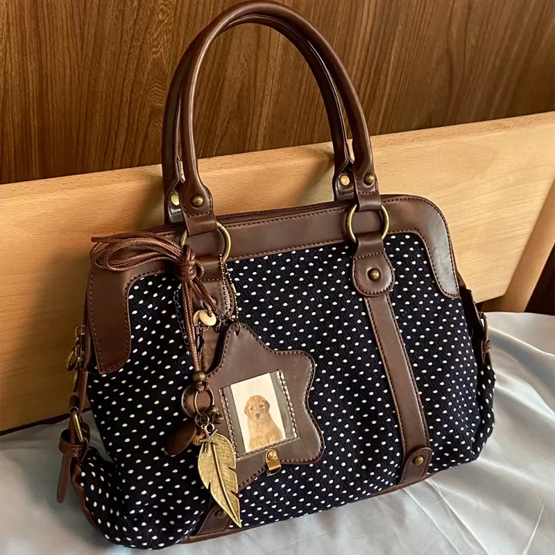 Korean Retro Polka Dot Handbag, Leather Patchwork Large Multi-functional Briefcase Sweet Preppy Style Handbag Casual Commute Bag