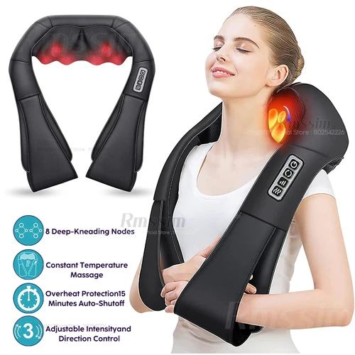 Masajeador Shiatsu de cuello y hombros, masajeador de espalda calentado en forma de U, almohada de masaje eléctrica de amasado profundo para cuello, cintura, pierna y cuerpo