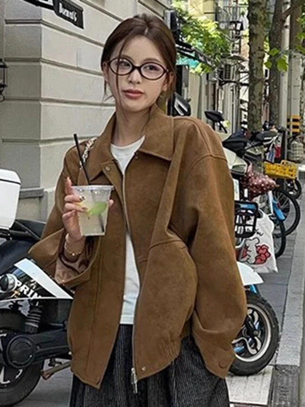 

Sweet And Spicy Retro Suede Jaet Women's Autumn Winter Loose Biker Jaet Outerwear Casual Sle Warm Polyester Fiber
