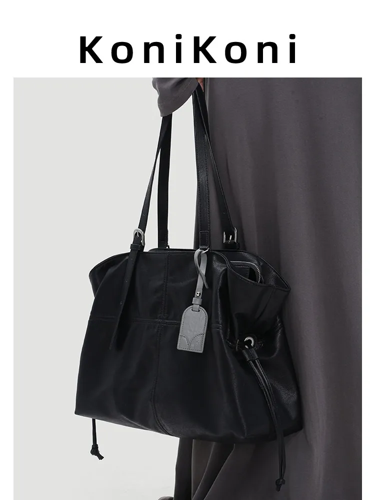 KoniKoni Genuine Leather Drawstring Tote Bag for Women – Large Capacity Bag, 2026 New Arrival Commuter Bag, Shoulder Bag
