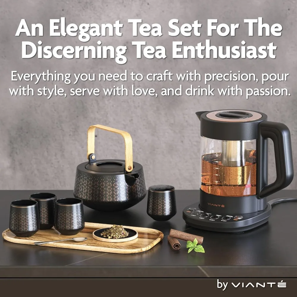 Electric Kettle with Glass Teapot Infuser Ceramic Tea Set Cups Wooden Tray Gift view 2