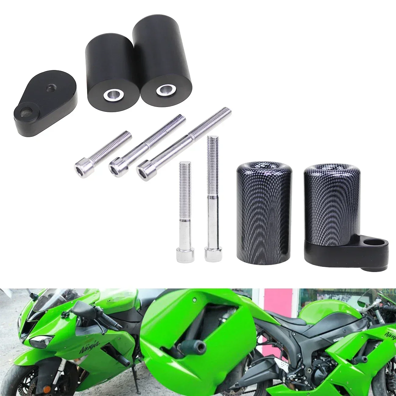 Schwarz/Carbon Look Motorrad Sturzpads Motor Crash Fallen Schutz Für Kawasaki Ninja ZX-6R ZX6RR ZX636 2007-2008