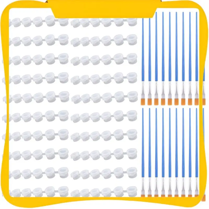 

20 Strips 120 Pots Empty Paint Pots Strips Mini Clear Storage Containers And 20 Pcs Paint Brushes Painting Arts Crafts