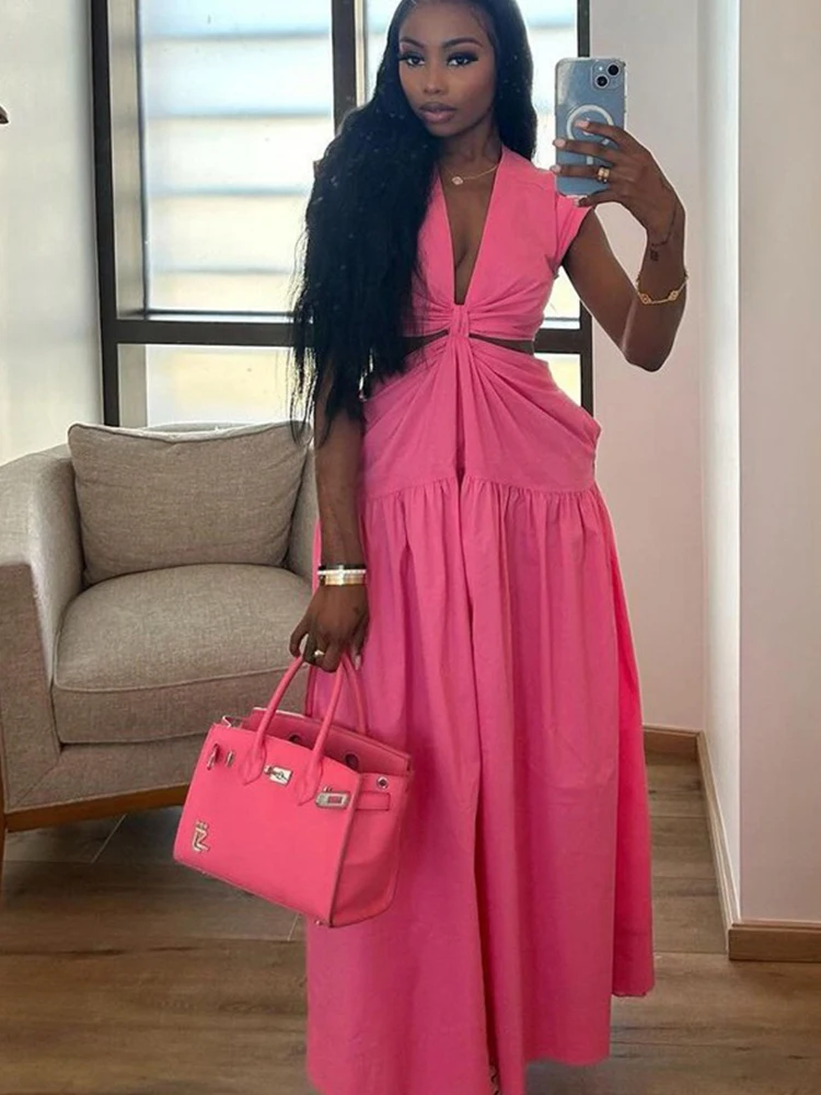Damska Urocza Różowa Seksowna Sukienka Francuska Bez Rękawów Letnia Sukienka z Wycięciem w Talii Dekolt V Elegancka Długa Sukienka Damska