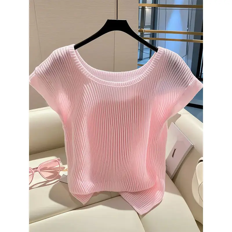 This Year's Popular Beautiful Pink Knitted T-shirt Women Summer Thin Breathable Loose Age-reducing Ice Silk Short-sleeved Top